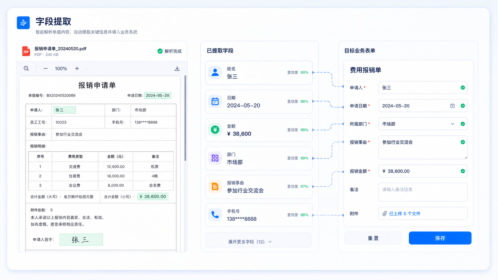 智能填表 AI 智能解析与提取界面示意图